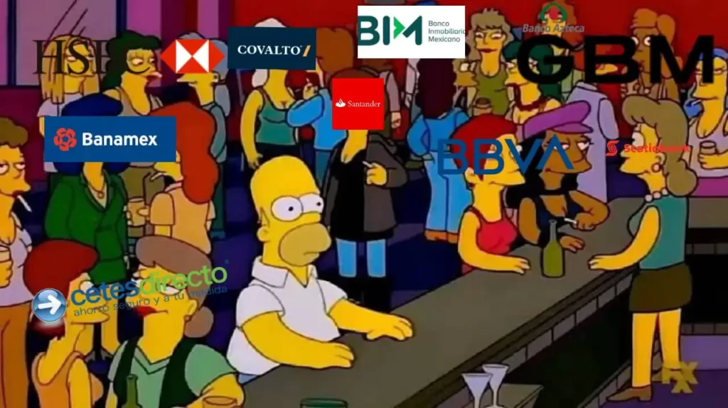 Homero simpson en el bar con logos de fondos de inversion